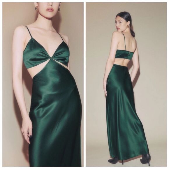 NWT Reformation Poppies silk cutout dress in Forest green - Picture 3 of 13